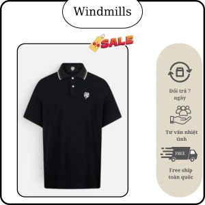 Áo Polo Windmills Trắng Phối Cổ Đen Logo Thêu Cỏ 4 Lá